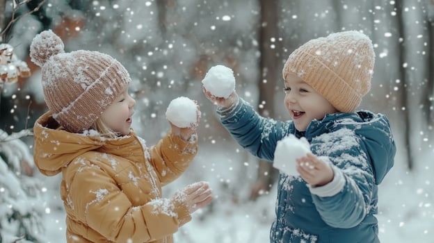 Two children joyfully play with snowballs in a snowy forest during winter photo