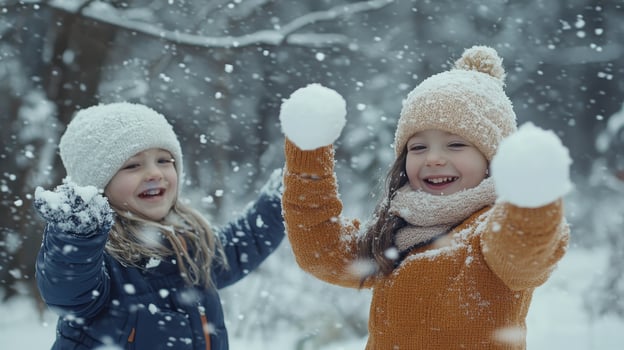 Two children joyfully playing in the snow, making snowballs in a winter forest during a snowfall photo