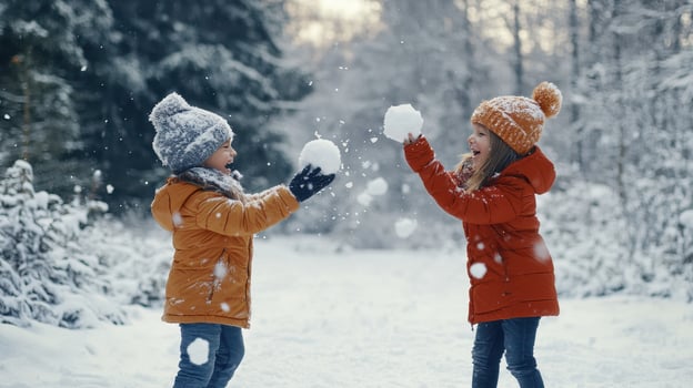 Two children playfully throwing snowballs in a snowy forest during winter photo
