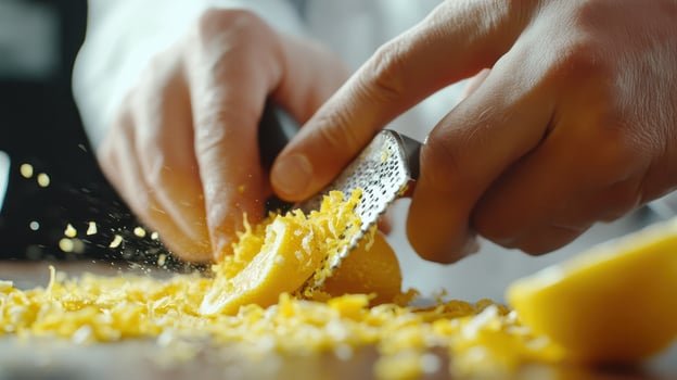 Chef grating fresh lemon zest on a wooden countertop in a bustling kitchen during a culinary preparation photo