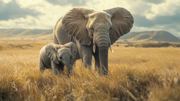 Elephants grazing in golden grasslands during sunset in a serene savanna photo