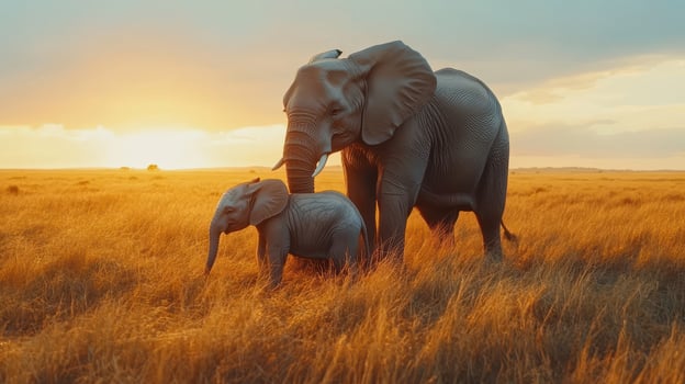 A mother elephant and her calf walk together across a golden savannah at sunset, highlighting the bond between them photo