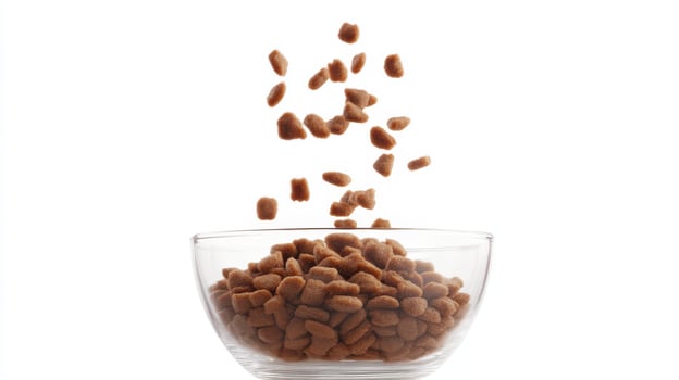 Dry pet food pouring into a glass bowl in a bright setting photo