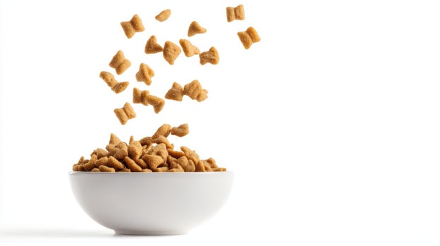 Brown dog food kibble is falling into a white bowl against a plain background photo