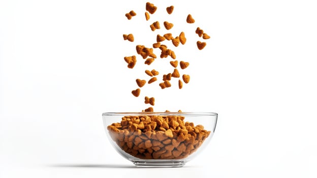 Kibble falling into a clear glass bowl against a white background during a food preparation session photo