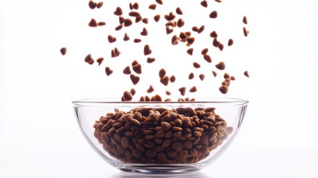 Dog food falling into a glass bowl with a plain background photo