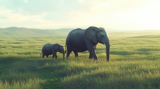 Elephants walking through a grassy landscape during a serene morning in the savanna photo