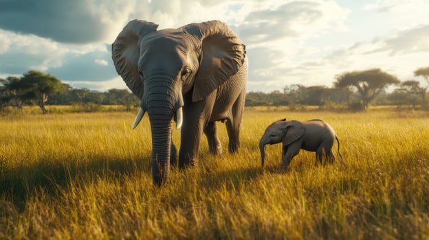 Mother elephant and her calf walking through golden grasslands during sunset in a serene African landscape photo