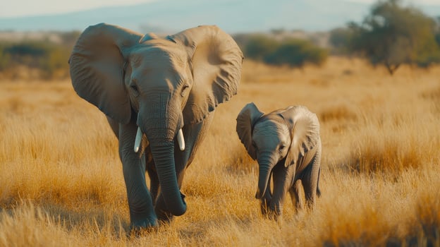 Elephants walking through golden grasslands in a wildlife reserve during the late afternoon photo