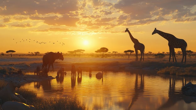 Two giraffes and a group of animals drink water at sunset near a serene watering hole in the savanna photo