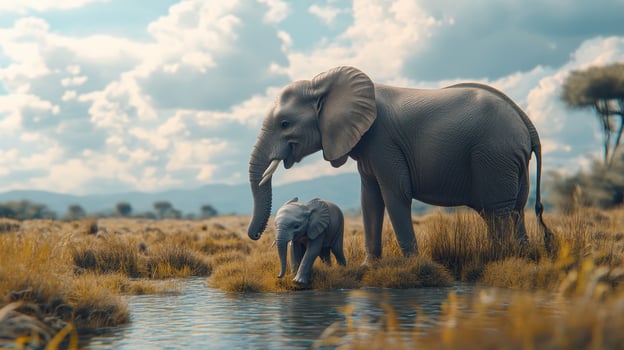 A mother elephant watches over her calf as they drink from a watering hole in a savanna during golden hour photo