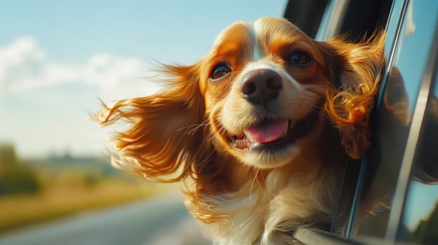 Happy dog enjoying a car ride with its head out the window on a sunny day in the countryside photo