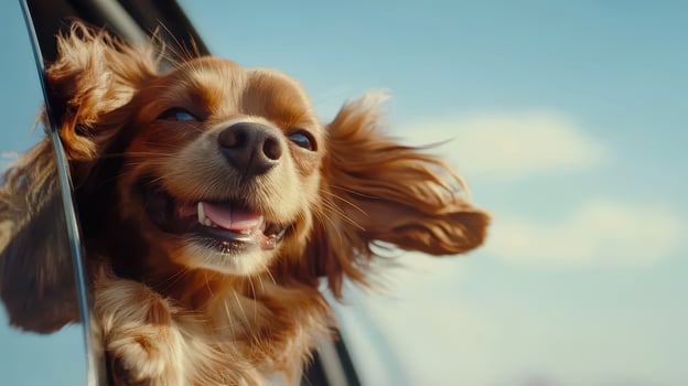 Happy dog enjoying a breezy car ride with its head out the window on a sunny day photo