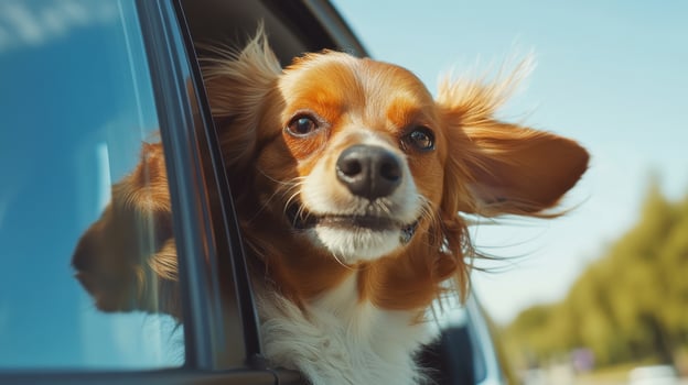 A happy dog enjoys a car ride with its head out the window on a sunny day photo