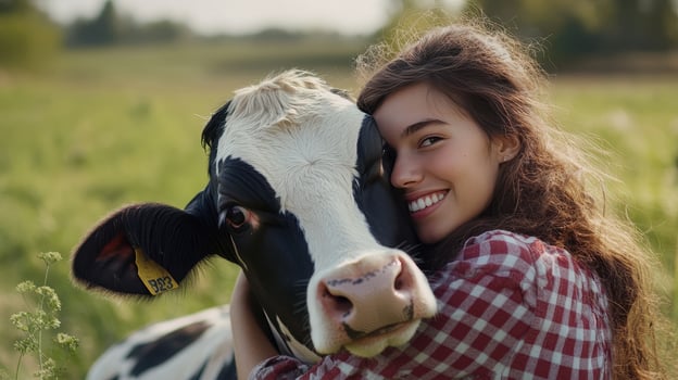 Young woman in a checked shirt embraces a black and white cow in a sunny green pasture during daytime photo