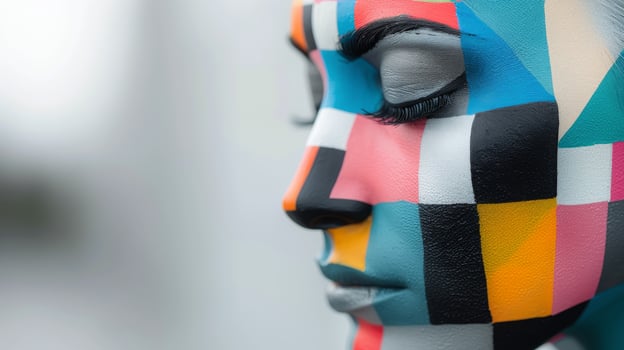 Colorful Abstract Face Art Displayed on a Mannequin in a Modern Studio photo