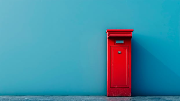Red Mailbox on Blue Wall. Copy space, Postal Symbol, Urban Icon, Neighborhood Feature. photo