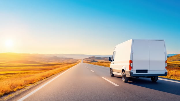 White delivery van driving on a scenic highway with clear blue skies and golden fields, symbolizing transportation and logistics. photo