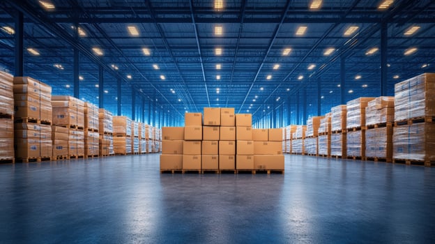 Modern warehouse interior with large stacks of cardboard boxes arranged neatly on shelves and central pallets for efficient storage. photo