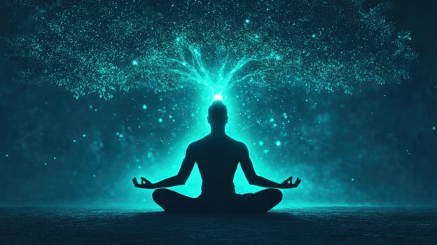 Silhouette of a person meditating with glowing tree of life. Spiritual awakening, mindfulness, and inner peace concept. photo