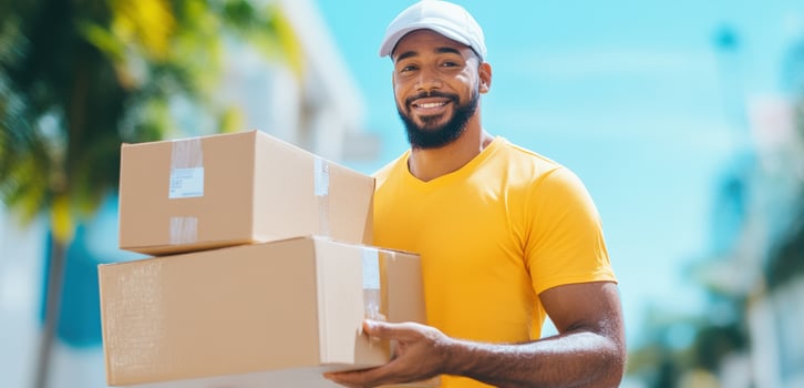Smiling delivery man in a yellow shirt holding packages, outdoor setting with blue sky and sunlight, concept of fast and reliable service. photo