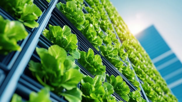 Vertical garden with lush green plants growing on a sunny day, representing urban agriculture and sustainable farming concepts. photo