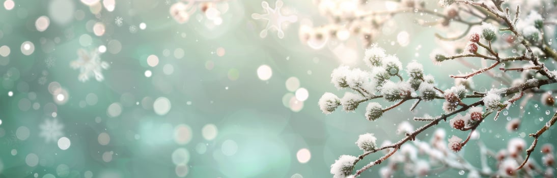 Winter Wonderland With Snow-Covered Branches And Delicate Flowers In Soft Light photo