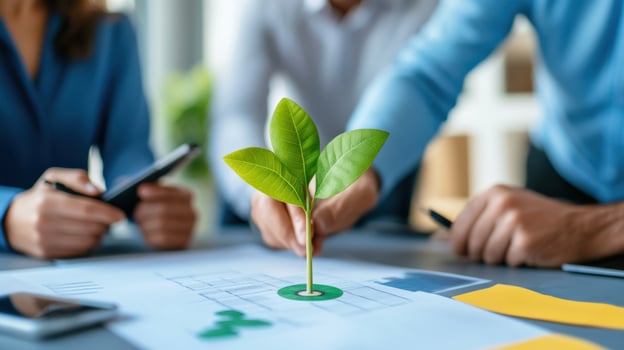 Business team collaborating on a project with a small plant representing growth and sustainability on a desk full of documents and charts. photo
