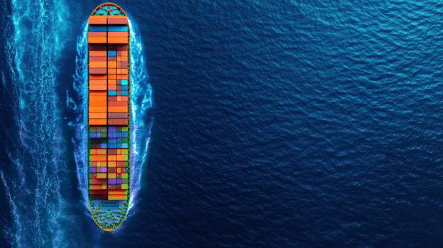 Aerial view of a large cargo ship filled with colorful containers navigating through the blue ocean. photo