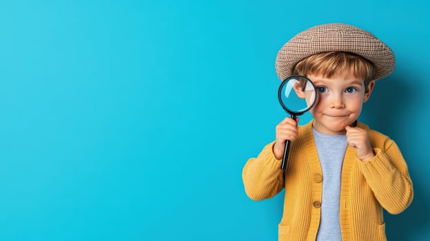 Cute young boy wearing a hat and holding a magnifying glass, standing against a vibrant blue background. Curious child ready for adventure. photo