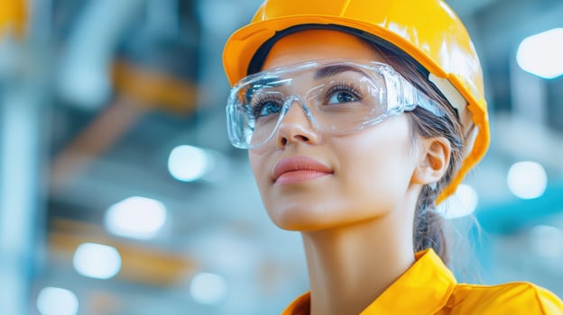 Female engineer in hard hat and safety glasses focused on her task in an industrial setting, showcasing determination and professionalism. photo