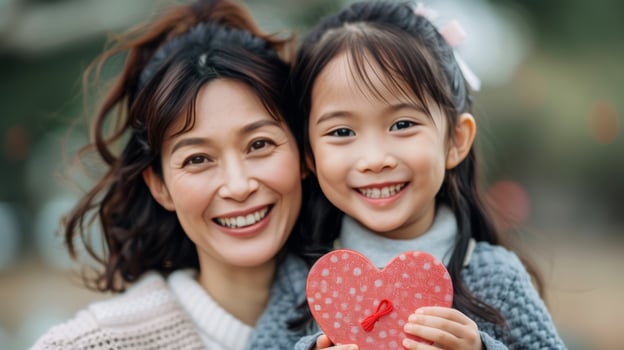 Happy Mother and Daughter Smiling in a Park With Heart-Shaped Pillow in Spring Sunshine photo