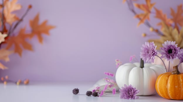 Autumn Floral Arrangement With Pumpkins On Light Purple Background photo