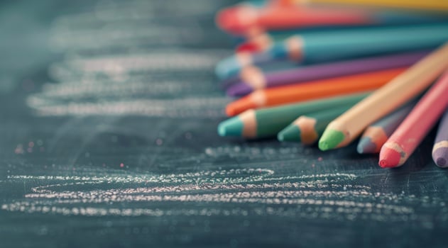 Colorful Crayons and Colored Pencils in a Bowl on a Chalkboard Surface photo