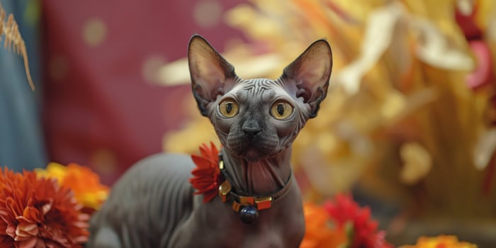 Sphynx Cat with Autumn Flowers in Vibrant Background photo