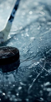Ice Hockey Puck and Stick on Frozen Ice Rink in Winter Closeup Sports photo