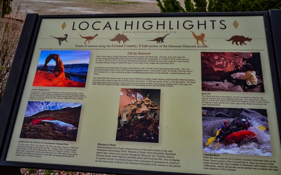 UTAH, USA - MAY 07, 2018 - information sign with information about extinct dinosaurs and their remains in nature in Utah, US photo