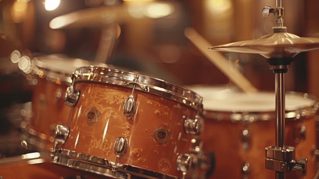 Jazz drums with drumsticks poised above the snare drum, percussion instruments in a cozy studio photo