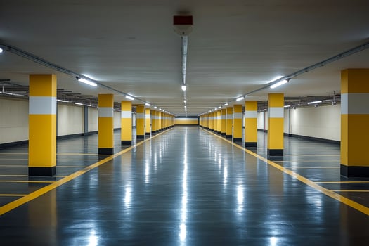 An empty parking garage with yellow and black stripes photo