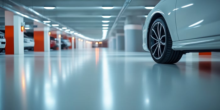 A car is parked in a parking garage photo