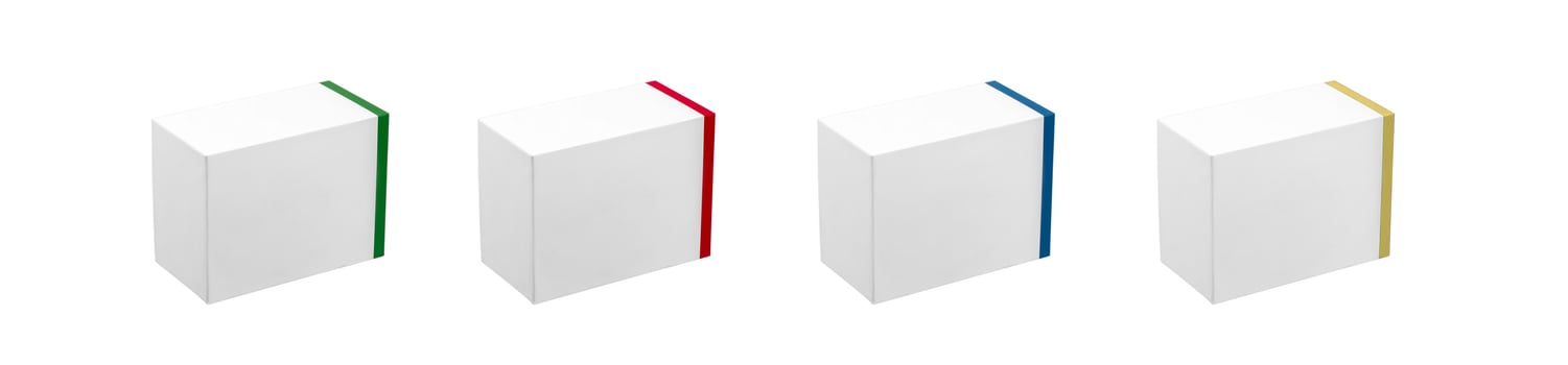 Identical white boxes with different colored stripes. Isolate on a white background. photo