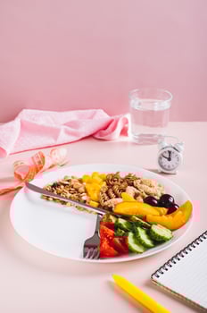 Concept individual meal plan by time food on plate on table vertical view photo