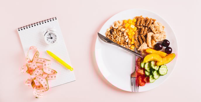 Set of healthy food for individual meal plan on plate on table top view web banner photo