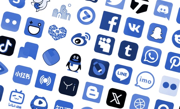 KYIV, UKRAINE - APRIL 1, 2024 Many icons of social media, messengers, sharing platforms photo