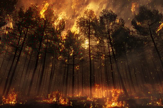 Intense forest fire engulfing trees, with flames and smoke creating a dramatic scene. Highlights environmental issues and the devastating impact of wildfires on ecosystems and climate change. photo