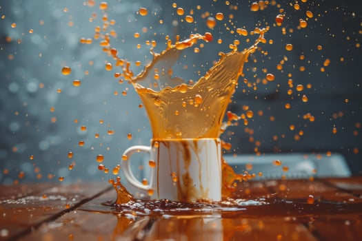Coffee Spills on Wooden Table, Creating Messy Mess with Splashes photo