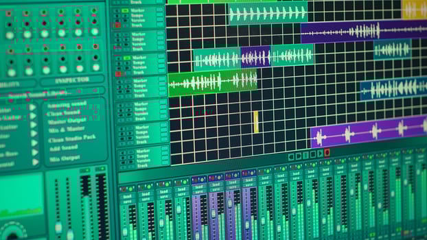 Empty space used for recording music on electronic tools in home studio, mixing and mastering tracks with modern equipment. Creating tunes with panel soundboard and performance console. photo