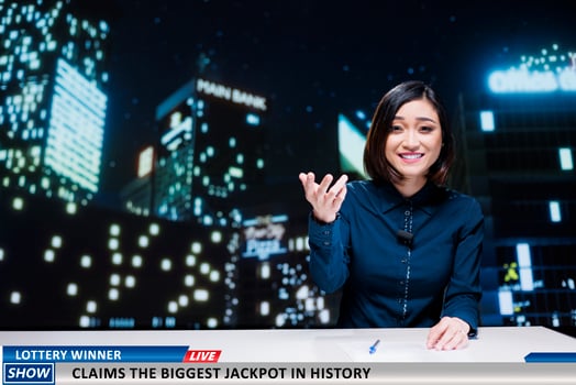 Media host talks about lottery winner receiving lots of money and donating to charity, giving updates on daily events. Asian news anchor covering important humanitarian topics on television. photo