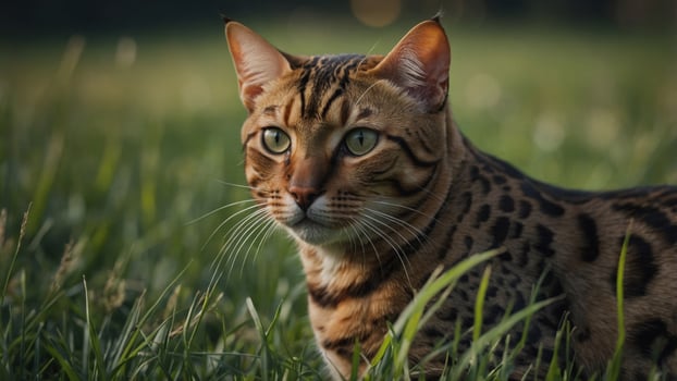 A beautiful Bengal cat isn't resting among the grass. photo