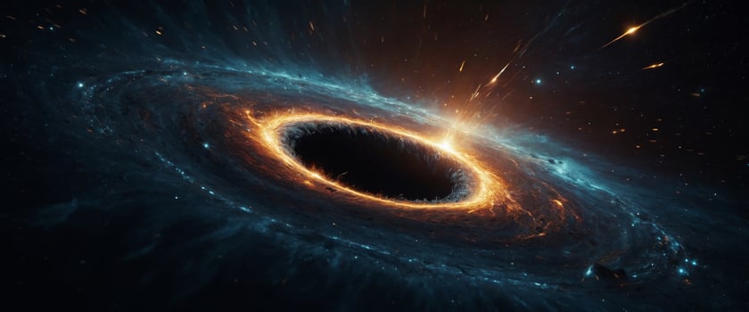 Abstract space wallpaper showing a black hole with star fields, resembling the letter 'O' and emitting sparks of light. photo